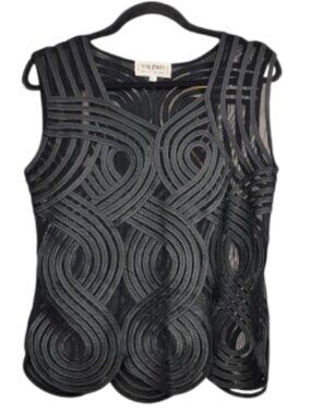 Vintage Valenti Top Women's XL Black Sculptural Sleeveless Mesh Ribbon